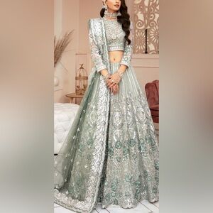 Exquisite Floral Embroidered Dress in Mint Green Pakistani designer Imrozia